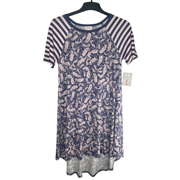 Lularoe Carly Striped Navy & Pink Feather Print High-Low Dress Small - Picture 8 of 14